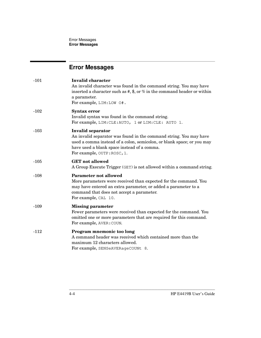 HP Saw E4419B manual Error Messages 