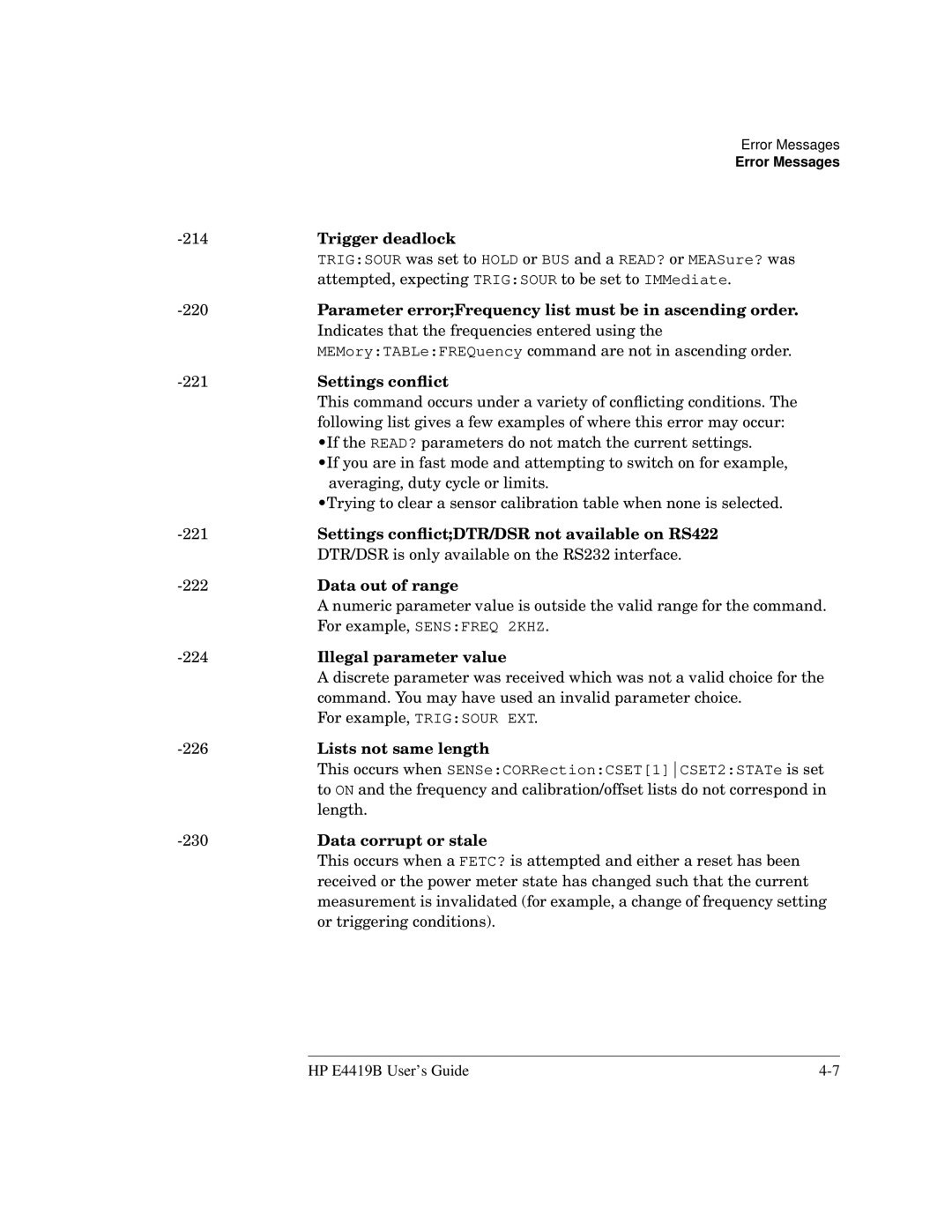 HP Saw E4419B manual Trigger deadlock, Parameter errorFrequency list must be in ascending order, Settings conﬂict 