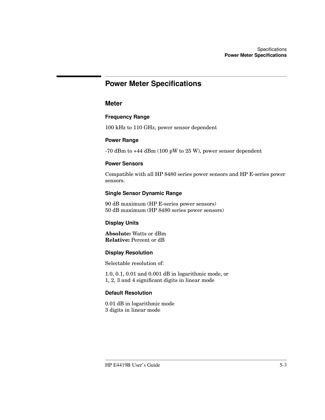 HP Saw E4419B manual Power Meter Speciﬁcations 