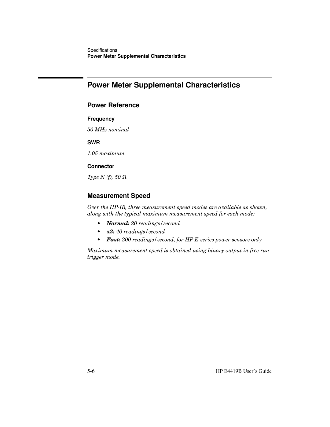 HP Saw E4419B manual Power Meter Supplemental Characteristics, Measurement Speed, Frequency, Connector 