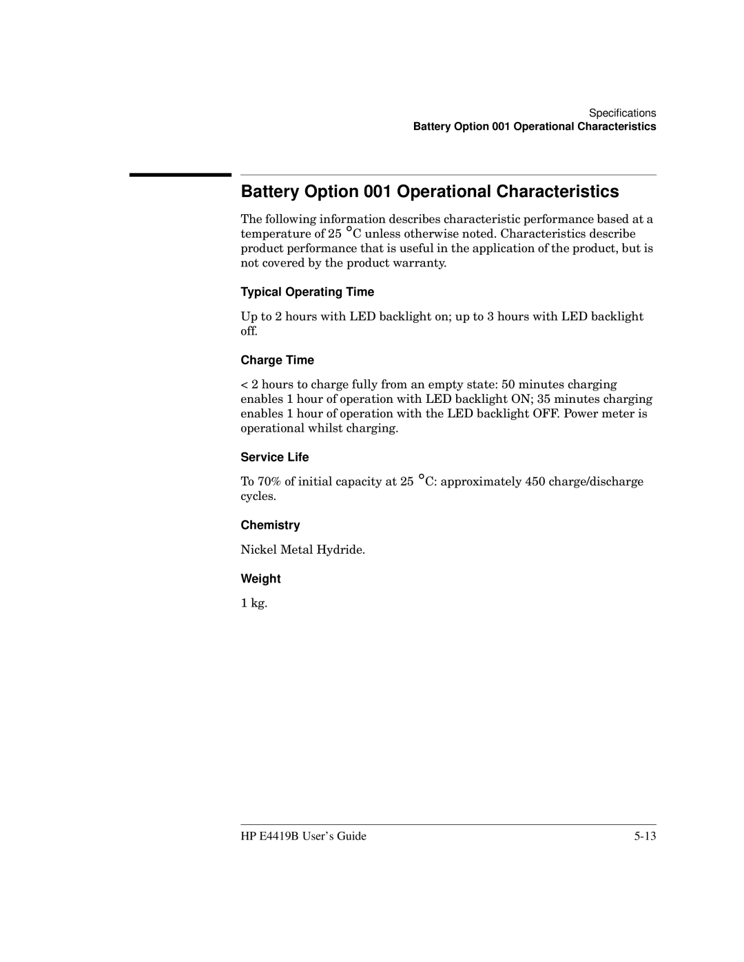 HP Saw E4419B manual Battery Option 001 Operational Characteristics 