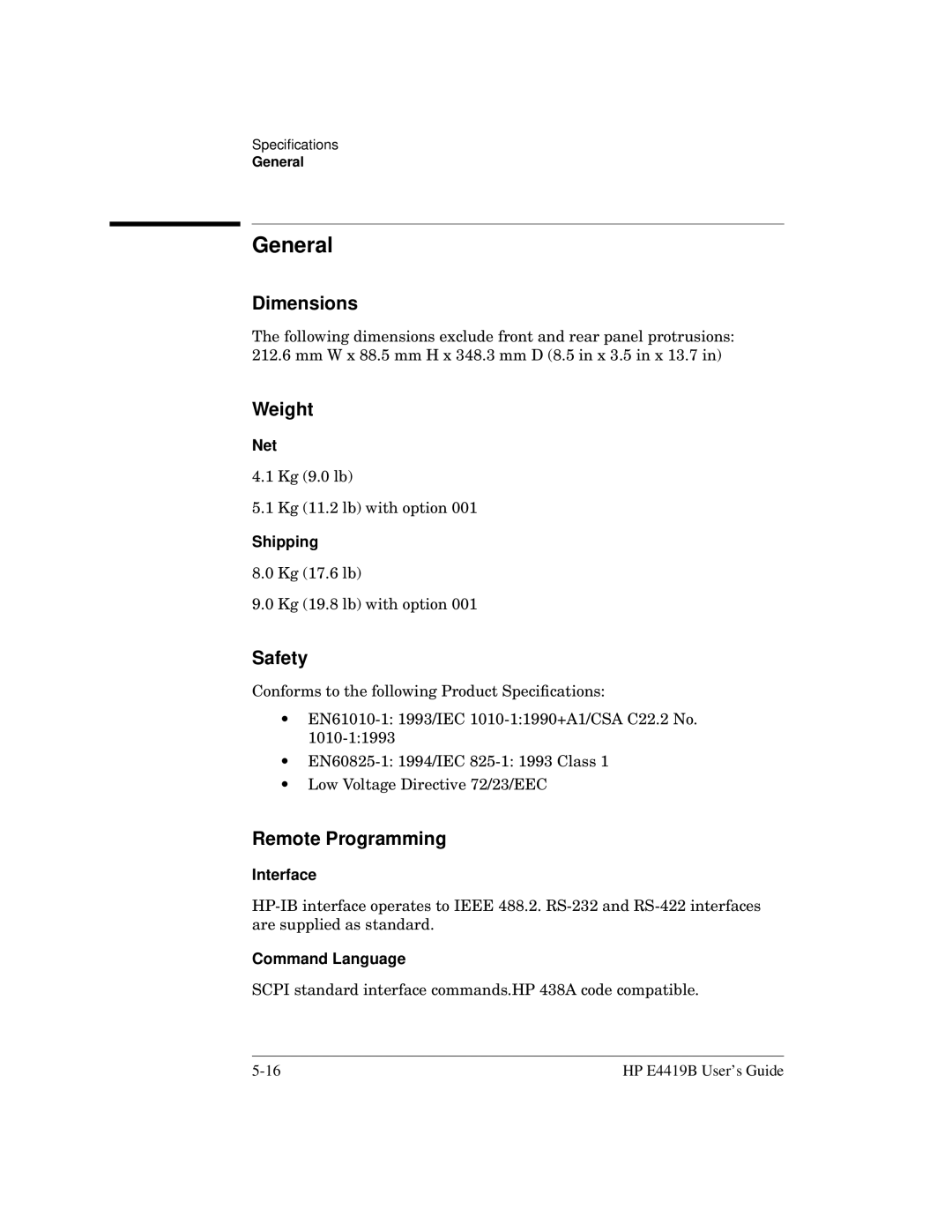 HP Saw E4419B manual General, Dimensions, Weight, Safety, Remote Programming 