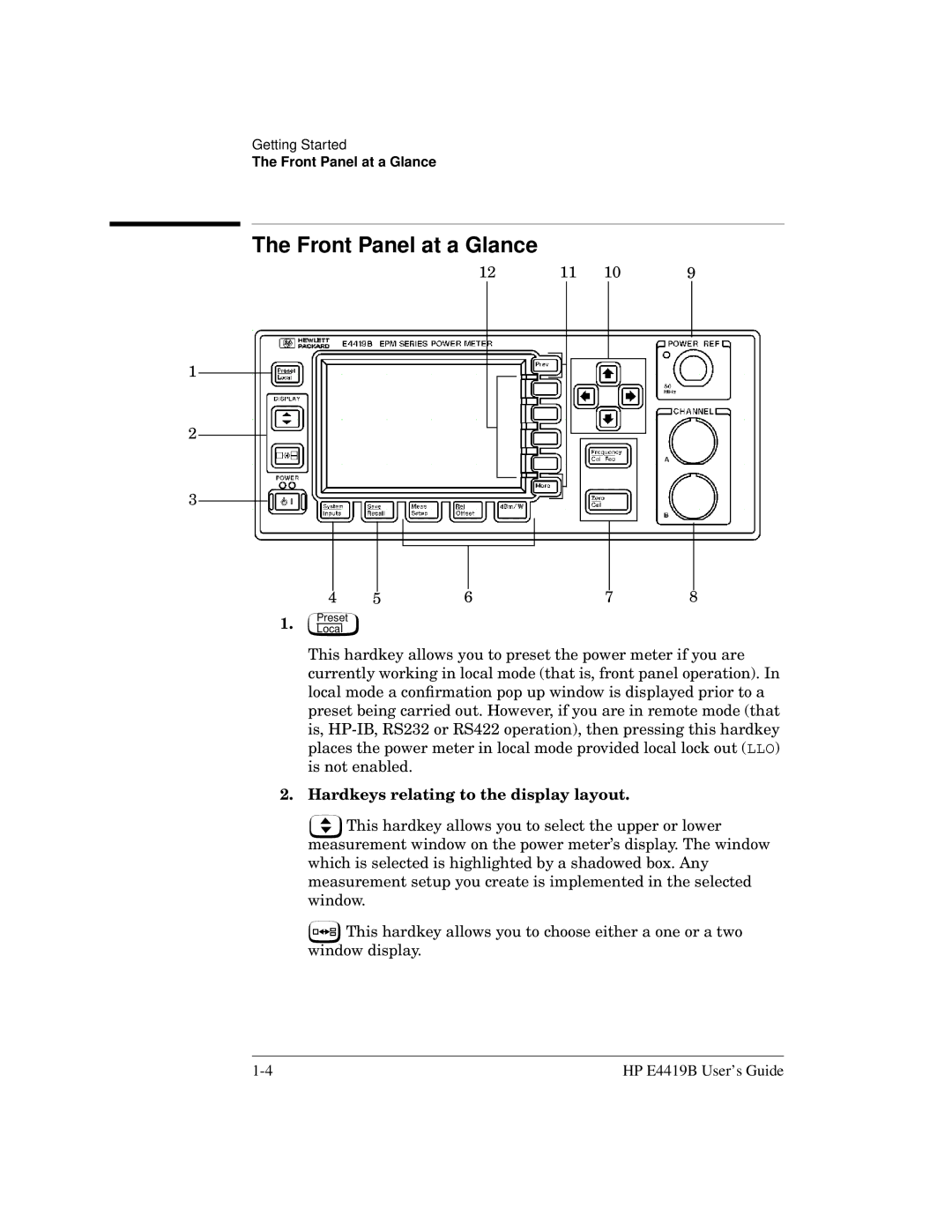 HP Saw E4419B manual Front Panel at a Glance, Hardkeys relating to the display layout 