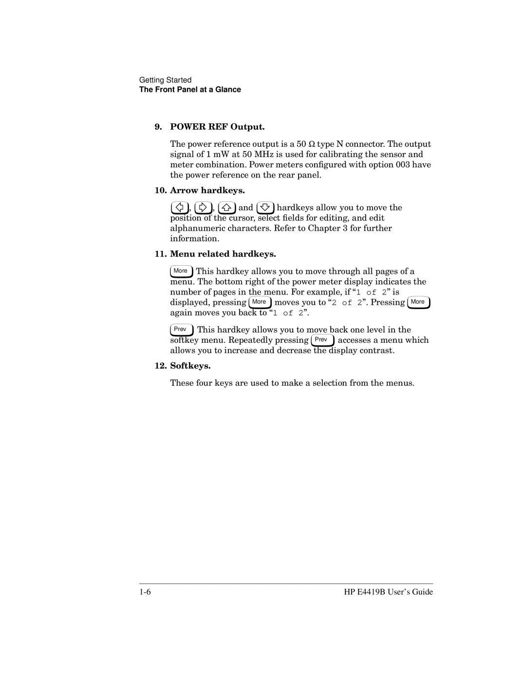 HP Saw E4419B manual Power REF Output, Arrow hardkeys, Menu related hardkeys, Softkeys 