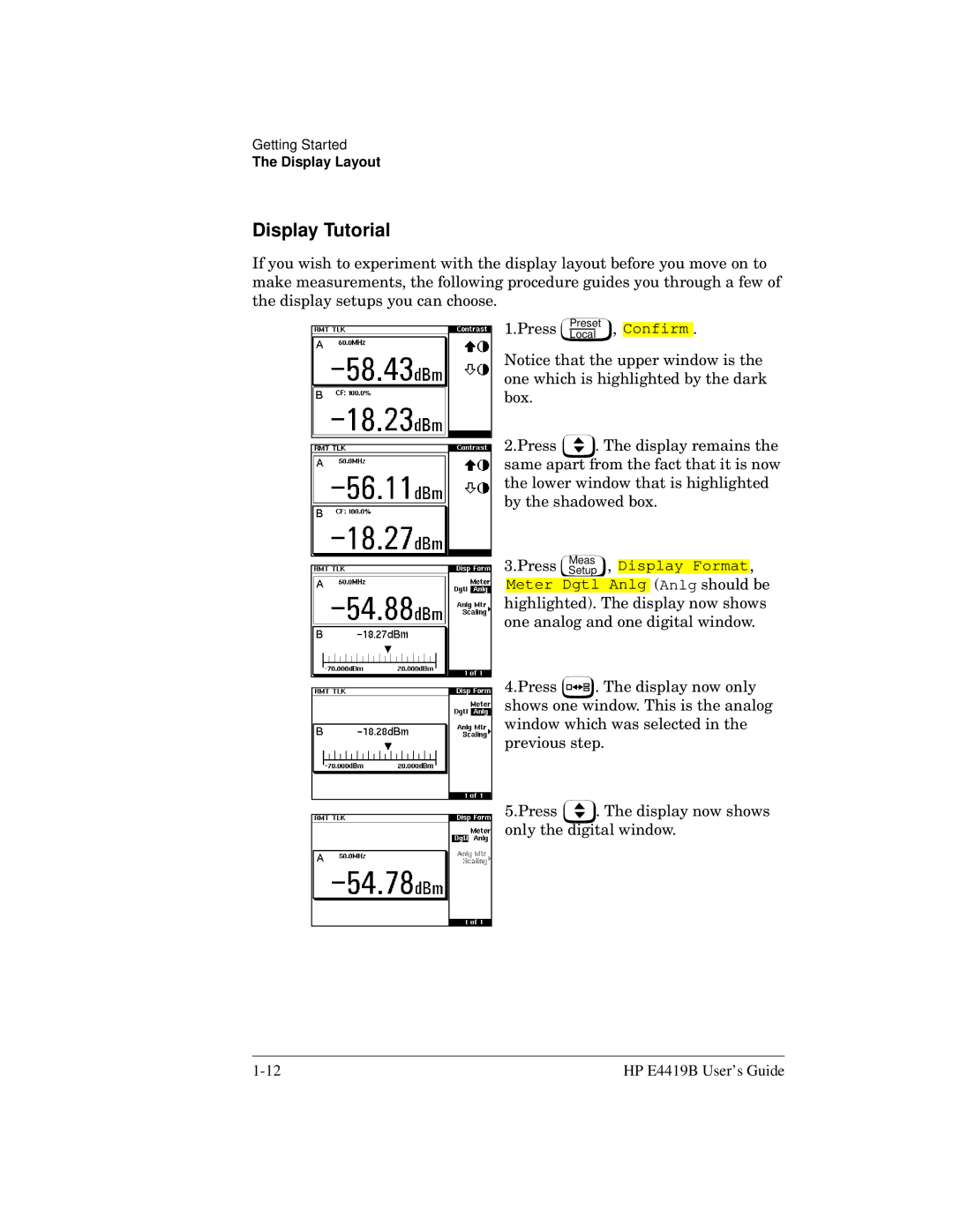 HP Saw E4419B manual Display Tutorial 