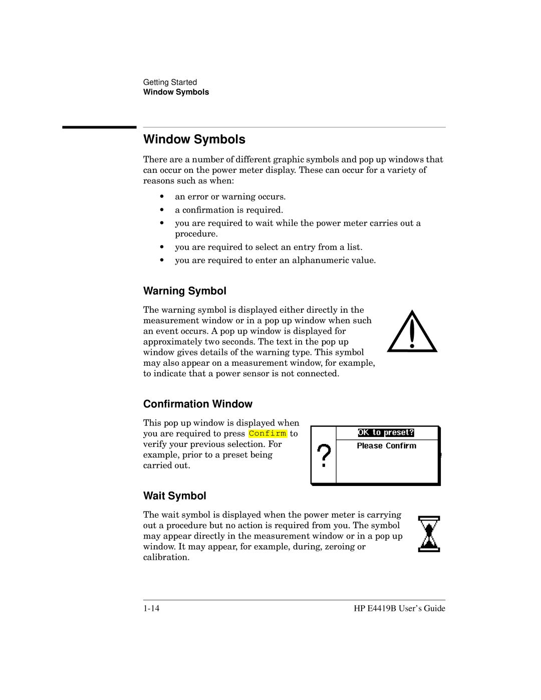 HP Saw E4419B manual Window Symbols, Conﬁrmation Window, Wait Symbol 