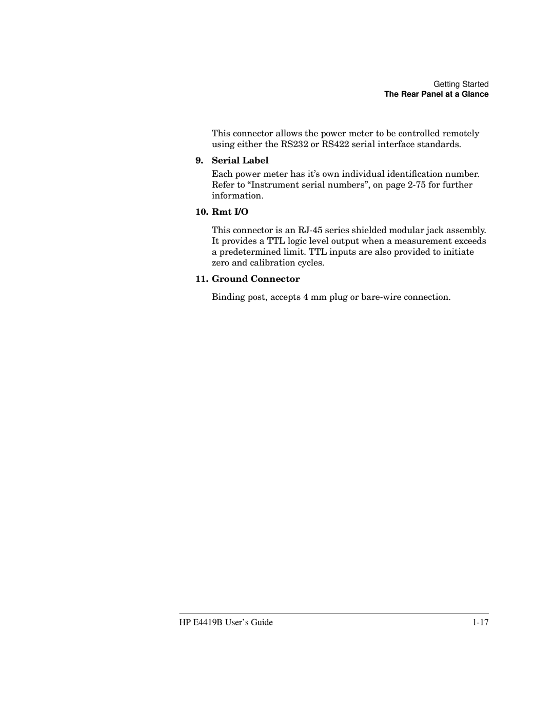 HP Saw E4419B manual Serial Label, Rmt I/O, Ground Connector 