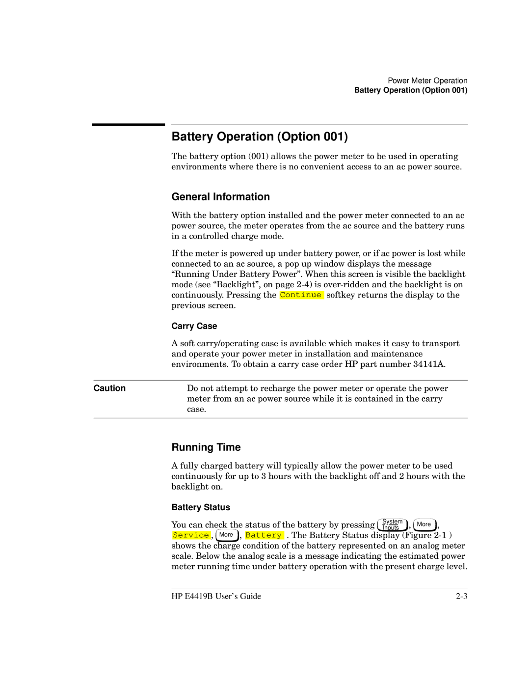 HP Saw E4419B manual Battery Operation Option, General Information, Running Time, Carry Case, Battery Status 