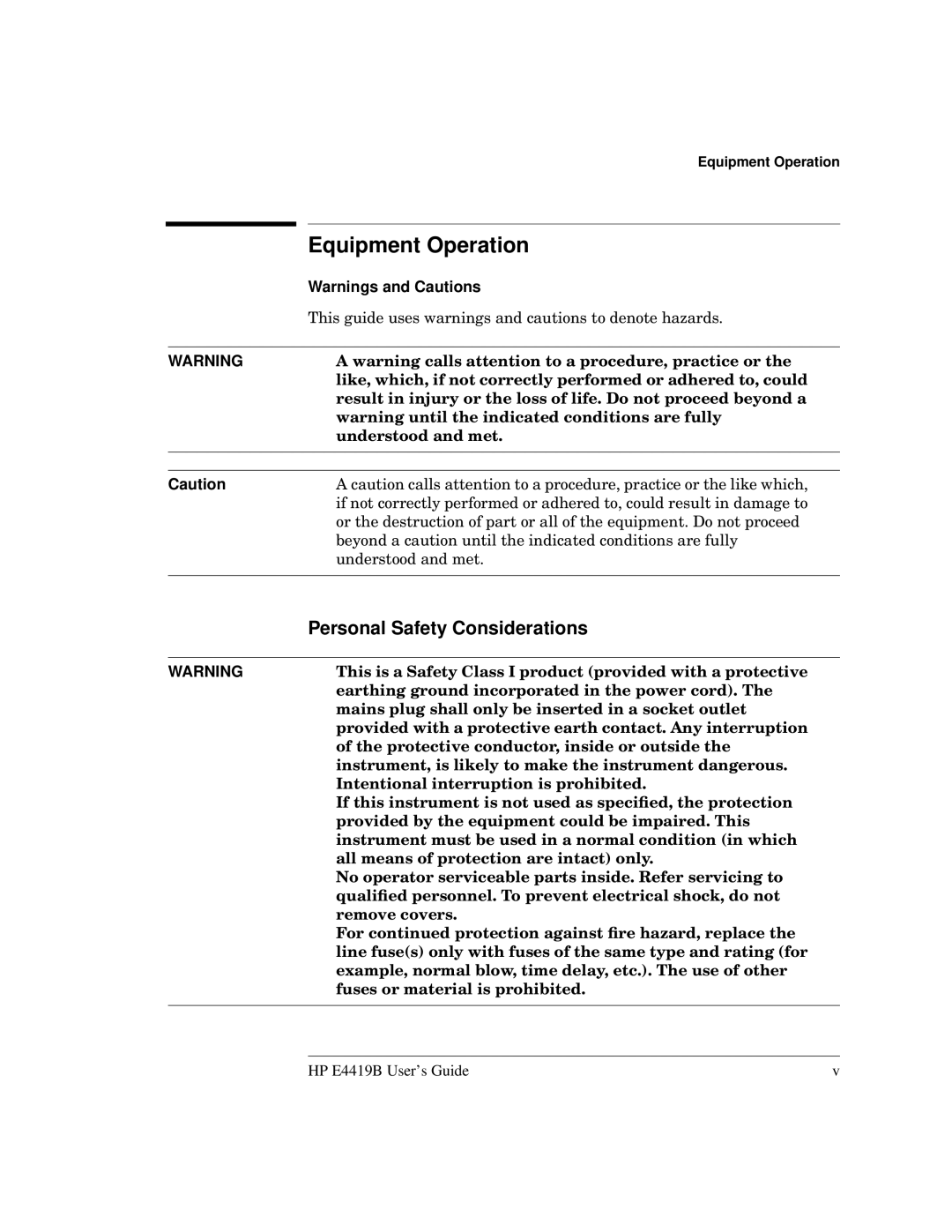 HP Saw E4419B manual Equipment Operation, Personal Safety Considerations 