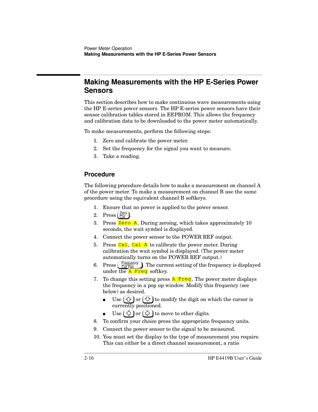 HP Saw E4419B manual Making Measurements with the HP E-Series Power Sensors, Procedure 