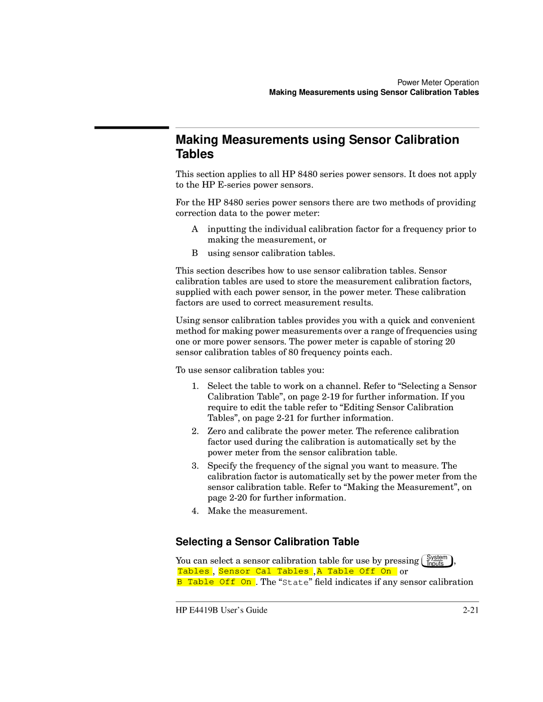 HP Saw E4419B manual Making Measurements using Sensor Calibration Tables, Selecting a Sensor Calibration Table 