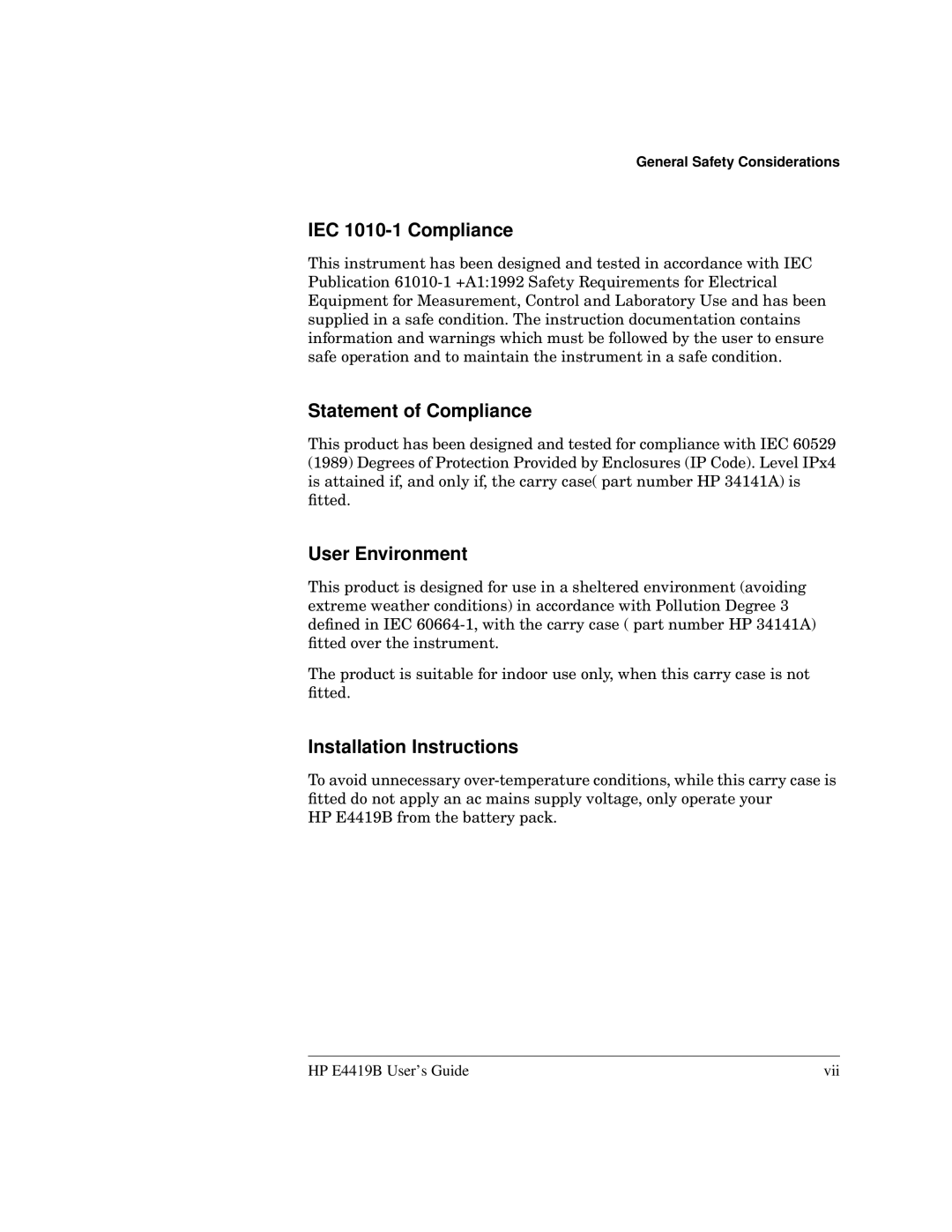 HP Saw E4419B manual IEC 1010-1 Compliance, Statement of Compliance, User Environment, Installation Instructions 