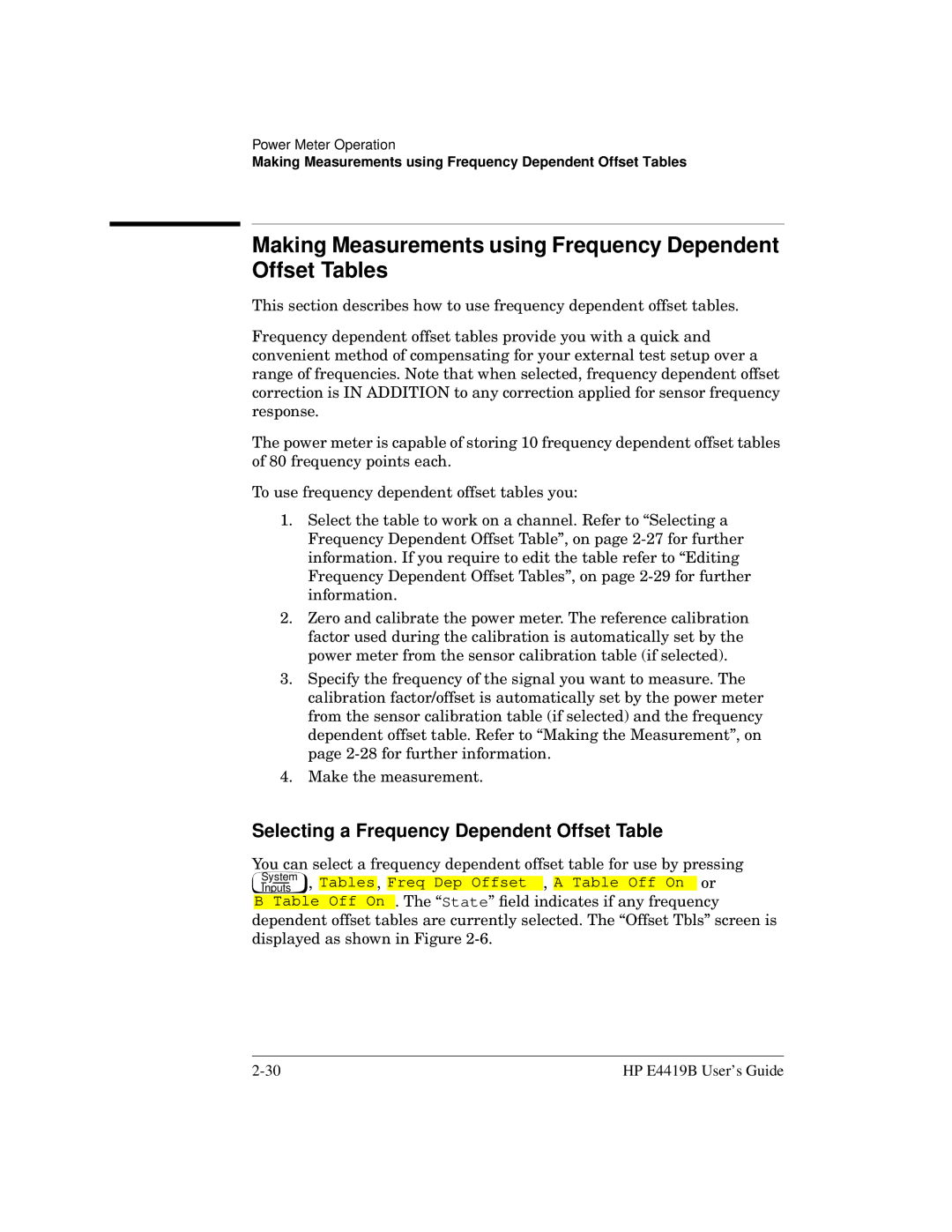 HP Saw E4419B Making Measurements using Frequency Dependent Offset Tables, Selecting a Frequency Dependent Offset Table 