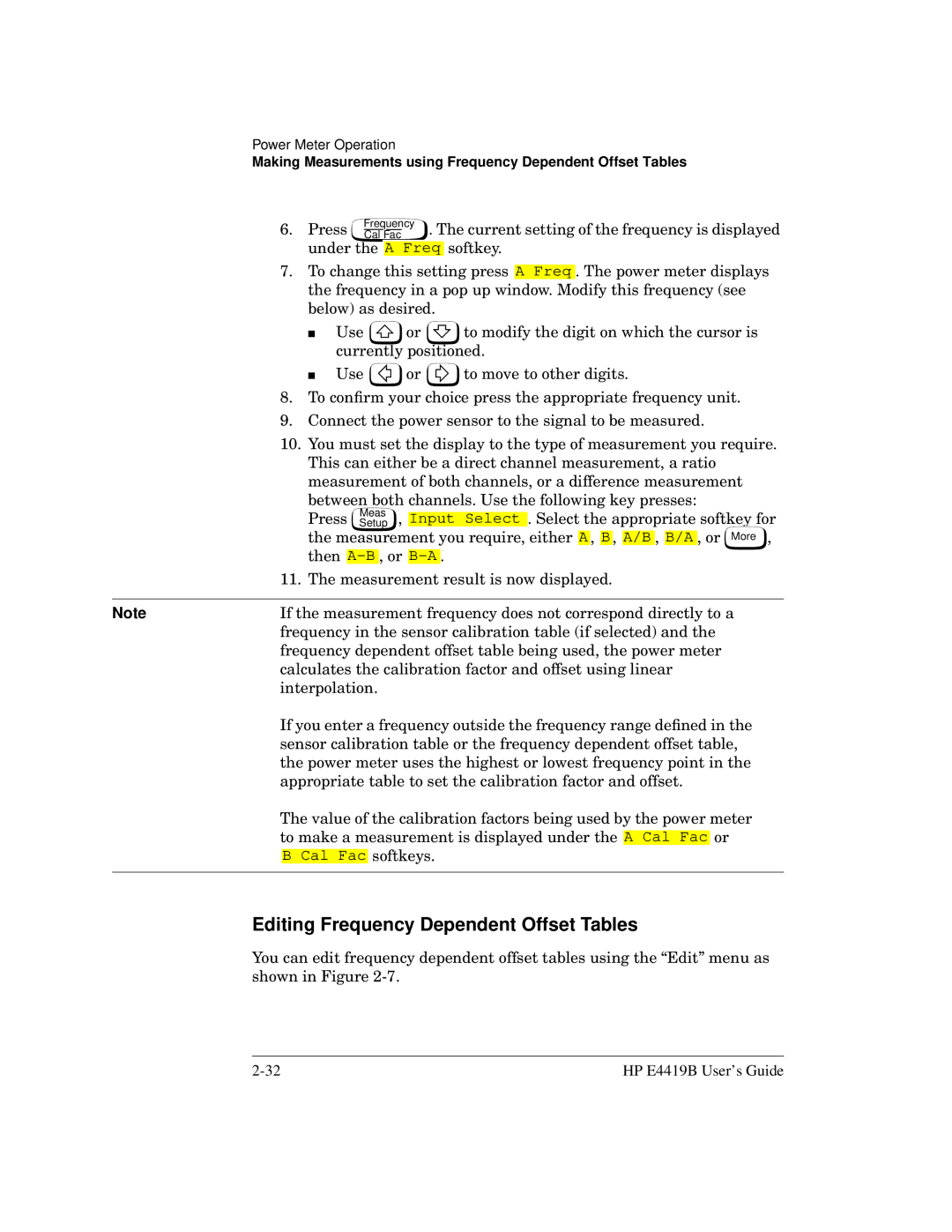 HP Saw E4419B manual Editing Frequency Dependent Offset Tables 