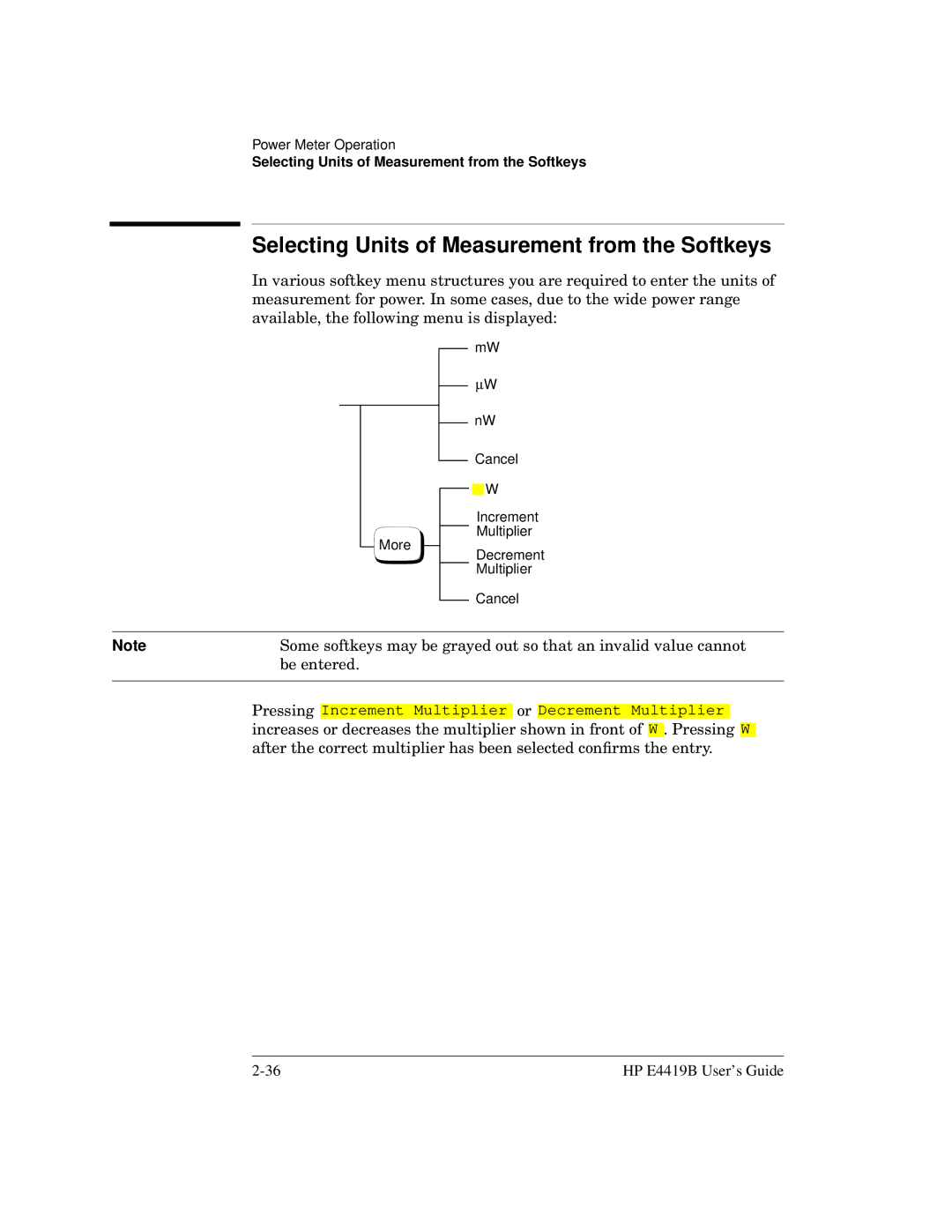 HP Saw E4419B manual Selecting Units of Measurement from the Softkeys 