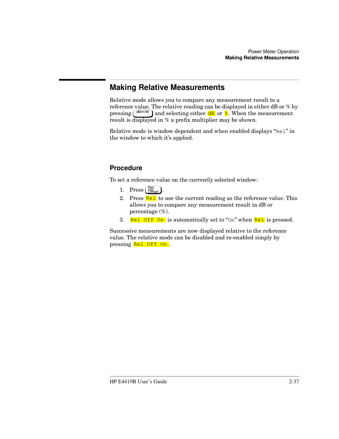 HP Saw E4419B manual Making Relative Measurements, Procedure 