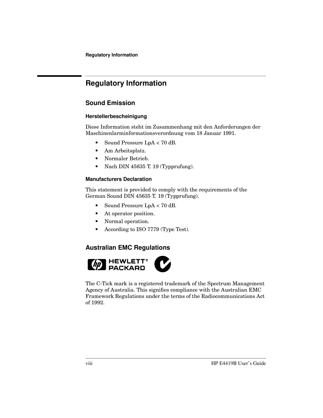 HP Saw E4419B manual Regulatory Information, Sound Emission, Australian EMC Regulations, Herstellerbescheinigung 