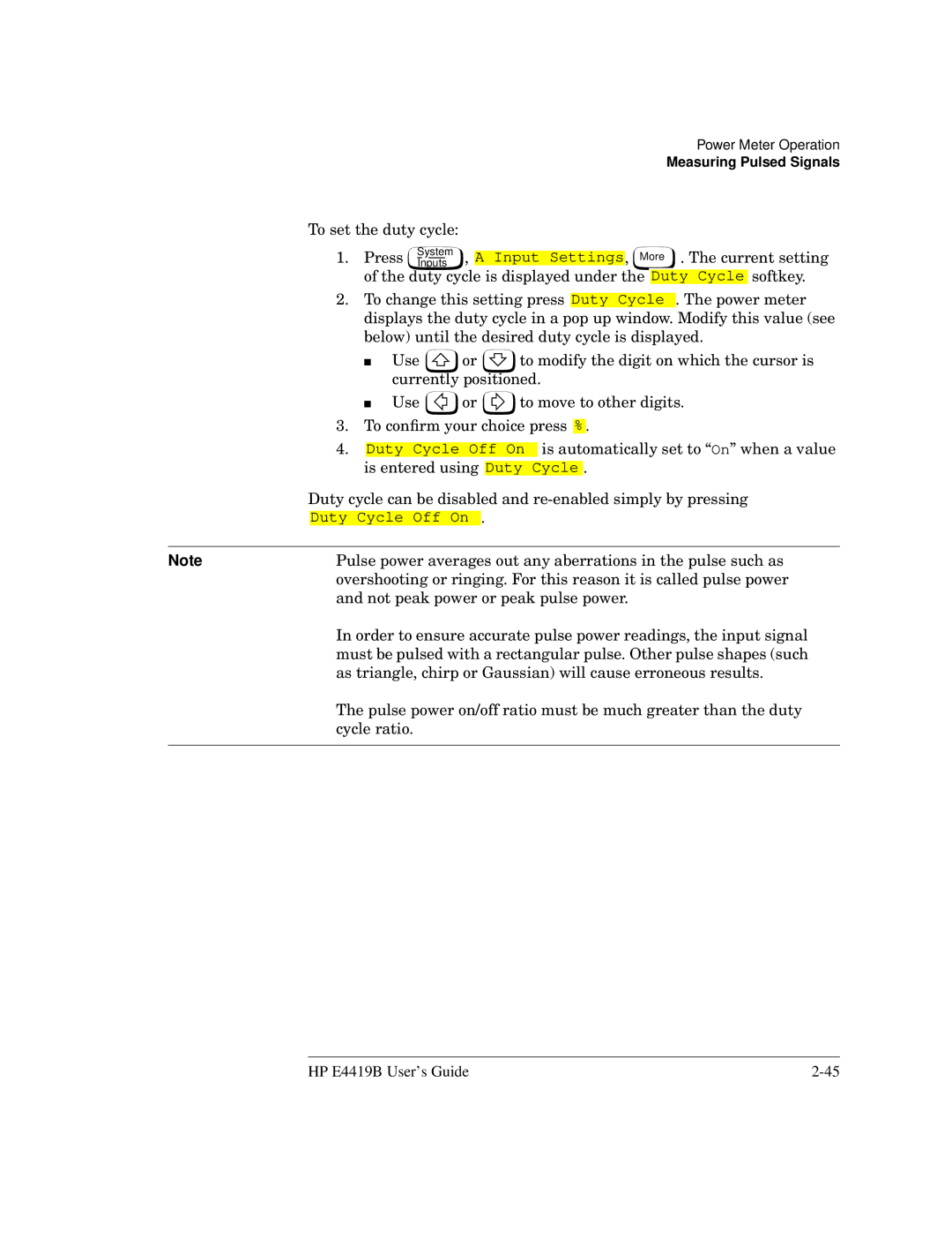 HP Saw E4419B manual To set the duty cycle Press 