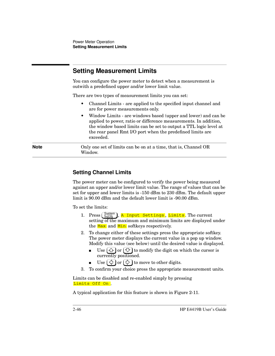 HP Saw E4419B manual Setting Measurement Limits, Setting Channel Limits 