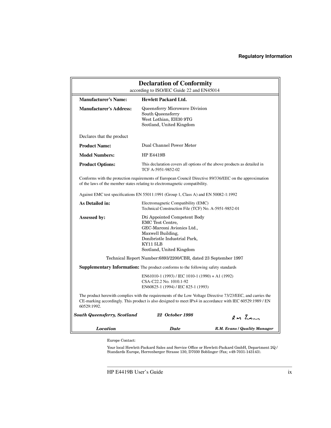 HP Saw E4419B manual Declaration of Conformity 