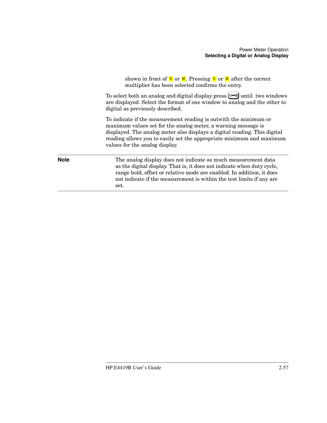 HP Saw E4419B manual Selecting a Digital or Analog Display 