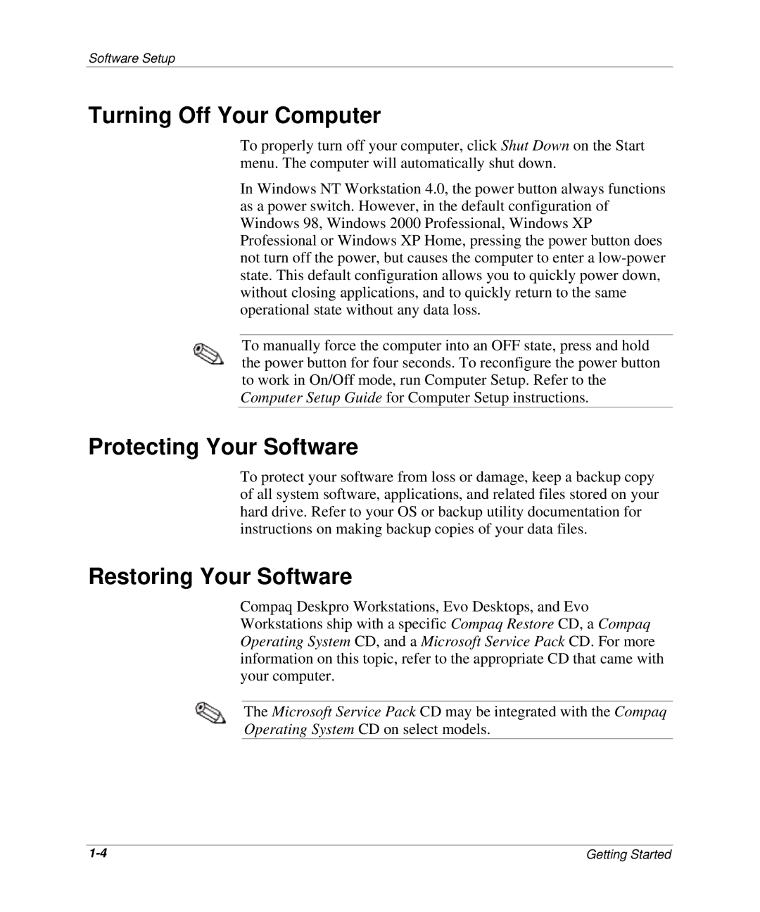 HP SB P1.0/i815, SB P667/i810e, SB P733/i815 Turning Off Your Computer, Protecting Your Software, Restoring Your Software 