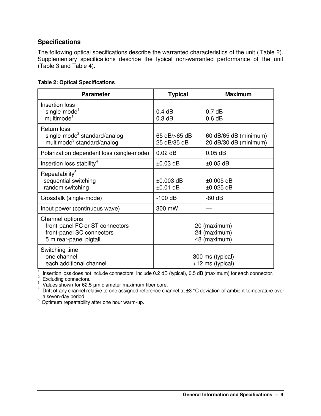 HP SB manual Specifications, Parameter Typical Maximum 