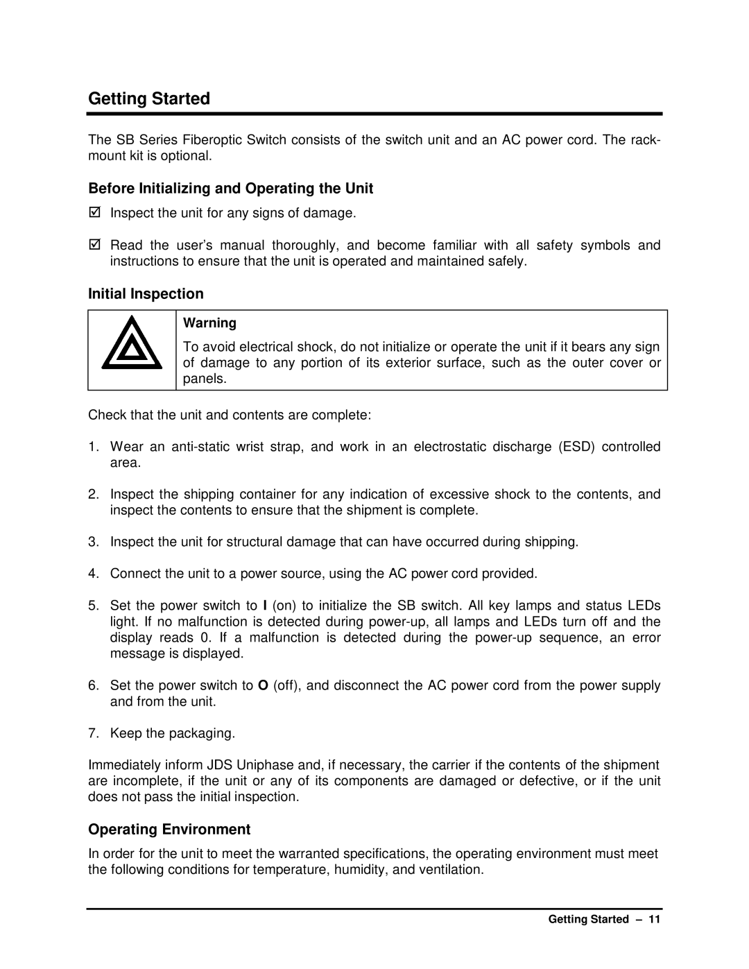 HP SB manual Getting Started, Before Initializing and Operating the Unit, Initial Inspection, Operating Environment 