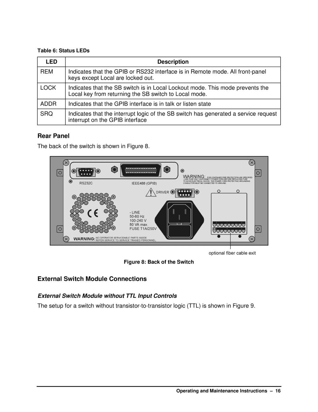 HP SB manual Rear Panel, External Switch Module Connections, External Switch Module without TTL Input Controls 