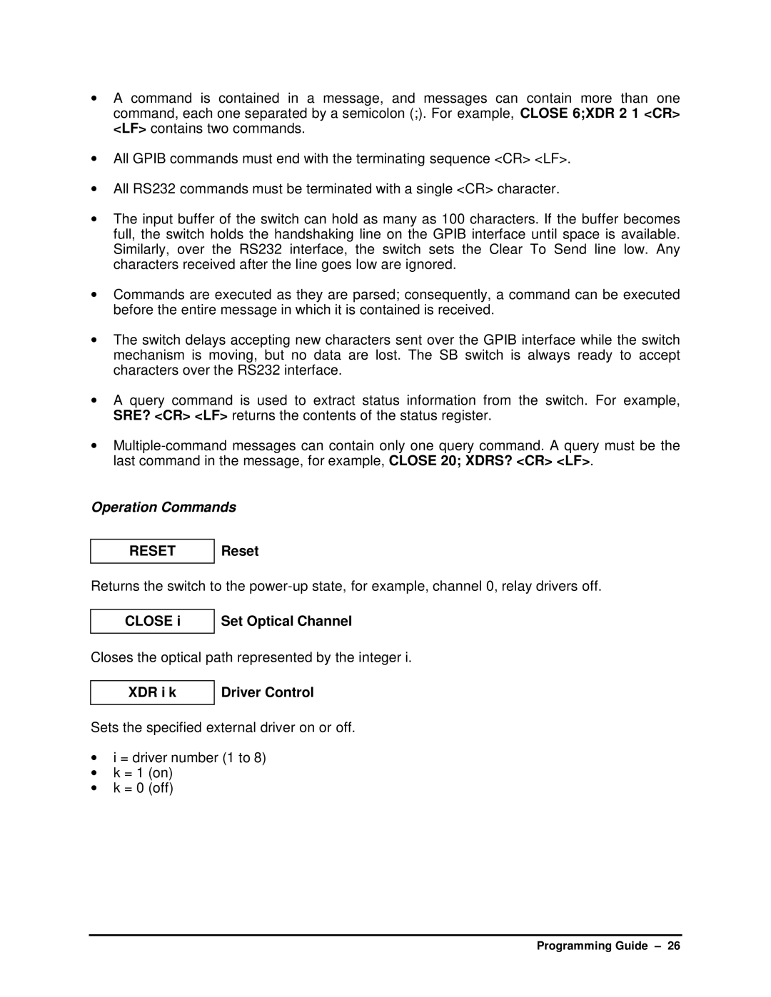 HP SB manual Operation Commands, Reset, Close Set Optical Channel, XDR i k Driver Control 