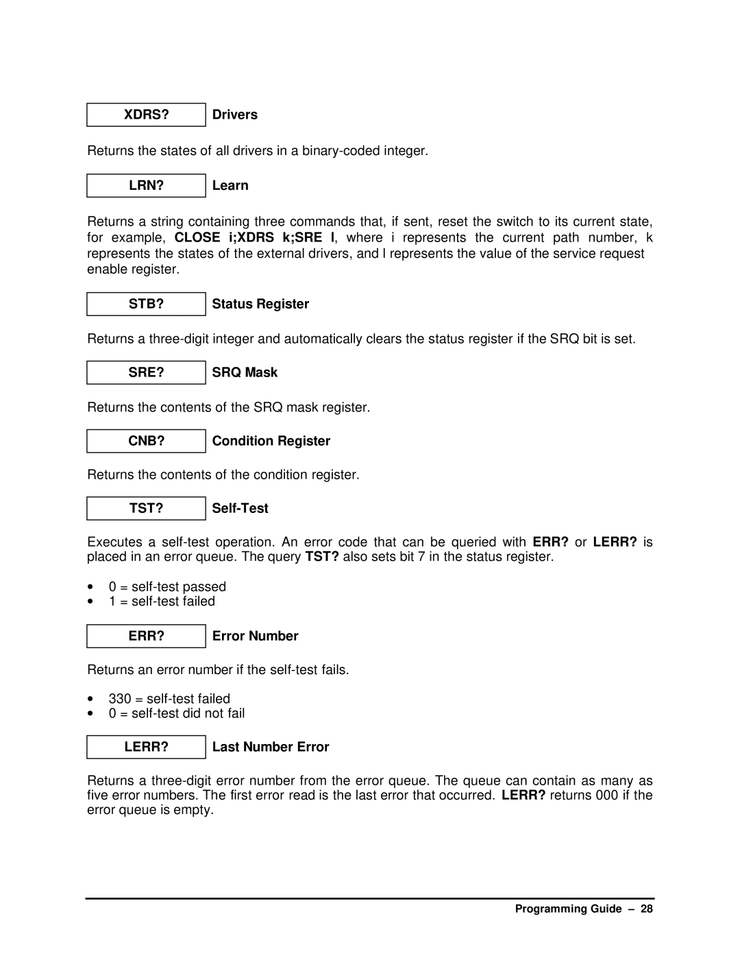 HP SB manual Drivers, Learn, Status Register, SRQ Mask, Condition Register, Self-Test, Error Number, Last Number Error 