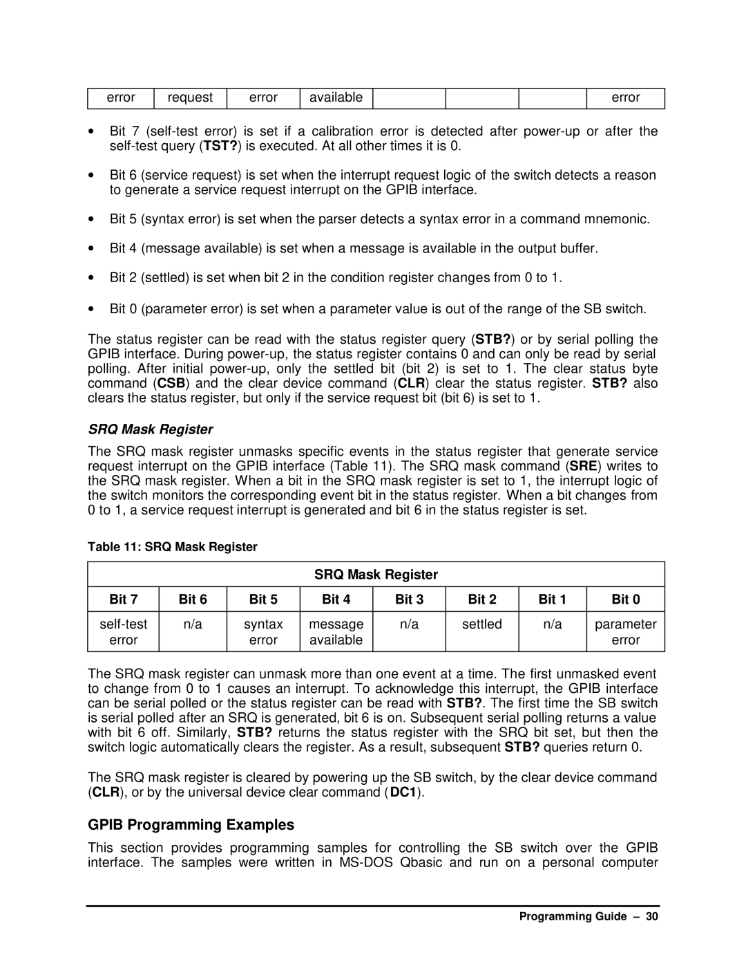 HP SB manual Gpib Programming Examples, SRQ Mask Register Bit 