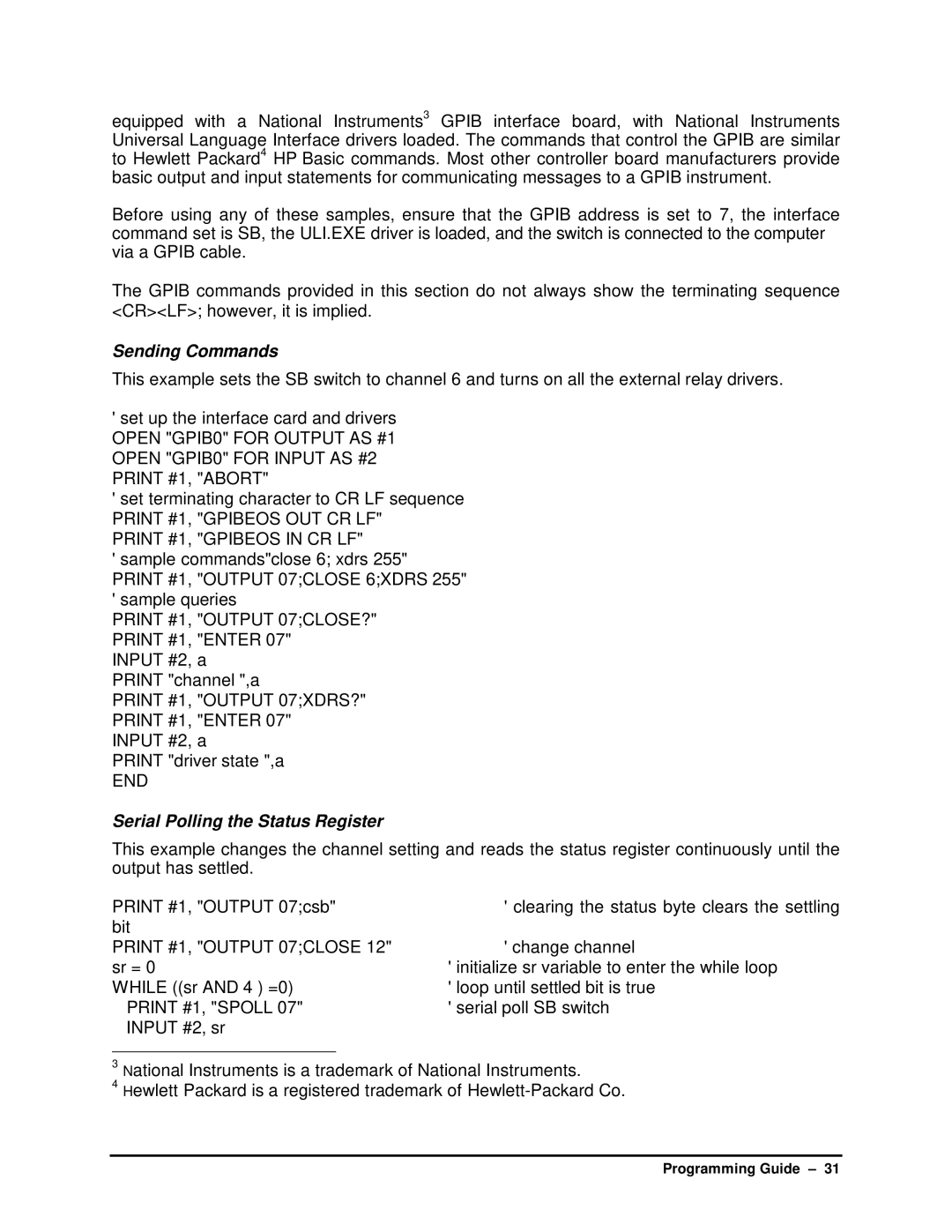 HP SB manual Sending Commands, Serial Polling the Status Register 