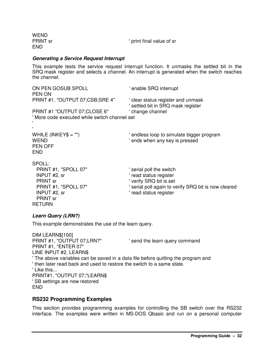 HP SB manual RS232 Programming Examples, Generating a Service Request Interrupt, Learn Query LRN? 