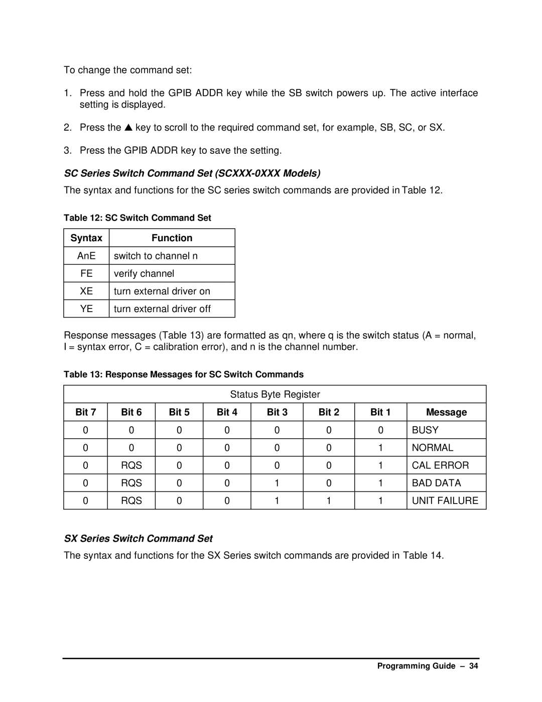 HP SB manual SC Series Switch Command Set SCXXX-0XXX Models, Syntax Function, Bit Message, SX Series Switch Command Set 