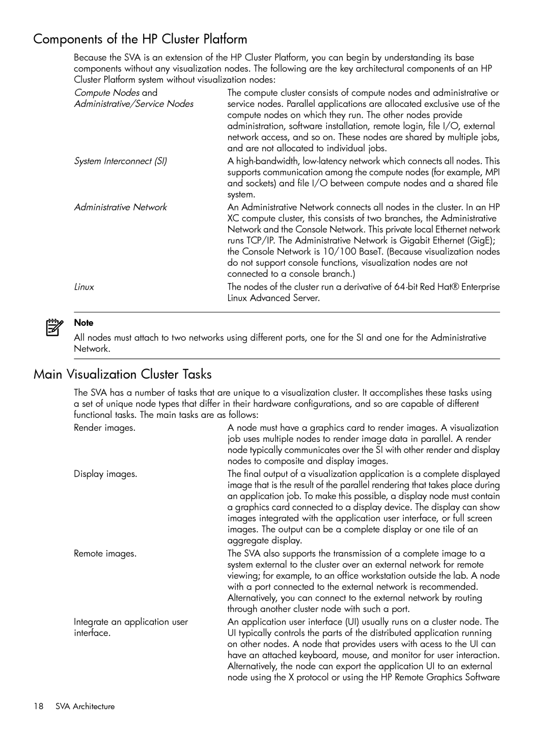 HP Scalable Visualization Array (SVA) Software Components of the HP Cluster Platform, Main Visualization Cluster Tasks 