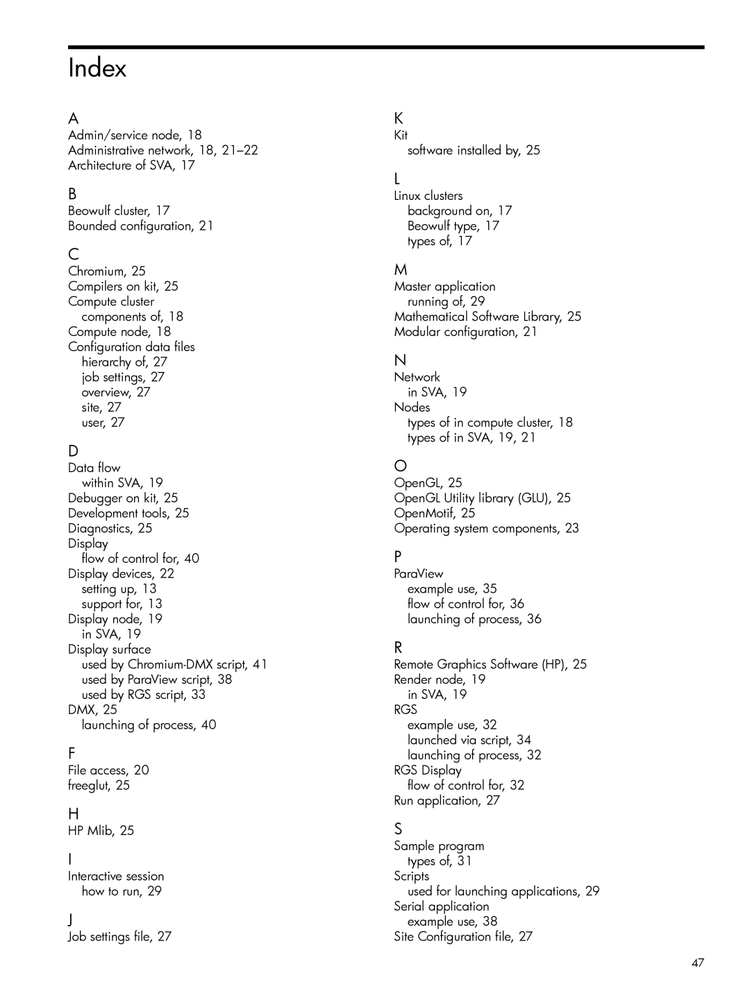 HP Scalable Visualization Array (SVA) Software manual Index, Rgs 