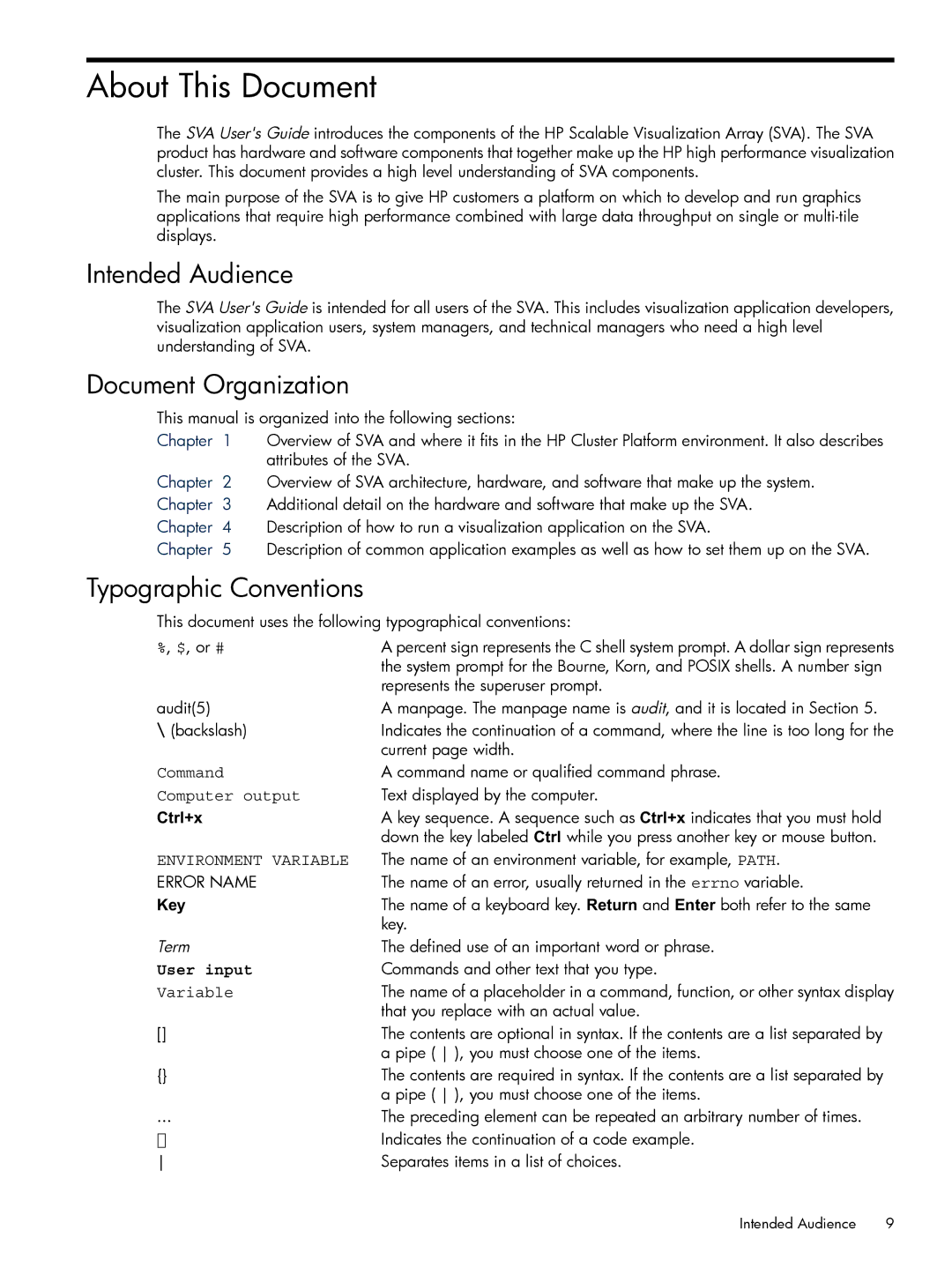 HP Scalable Visualization Array (SVA) Software manual About This Document, Intended Audience, Document Organization 