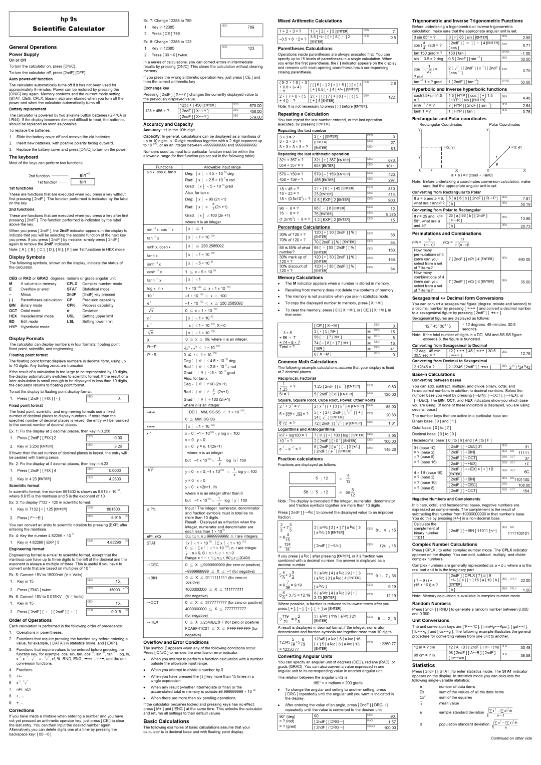 HP scientific manual Power Supply, Keyboard, Display Symbols, Display Formats, Order of Operations, Corrections 