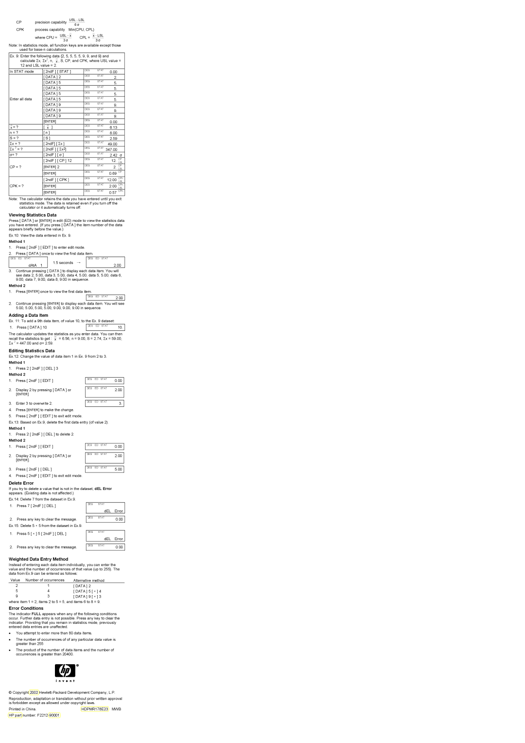 HP scientific manual Viewing Statistics Data, Adding a Data Item, Editing Statistics Data, Delete Error, Error Conditions 