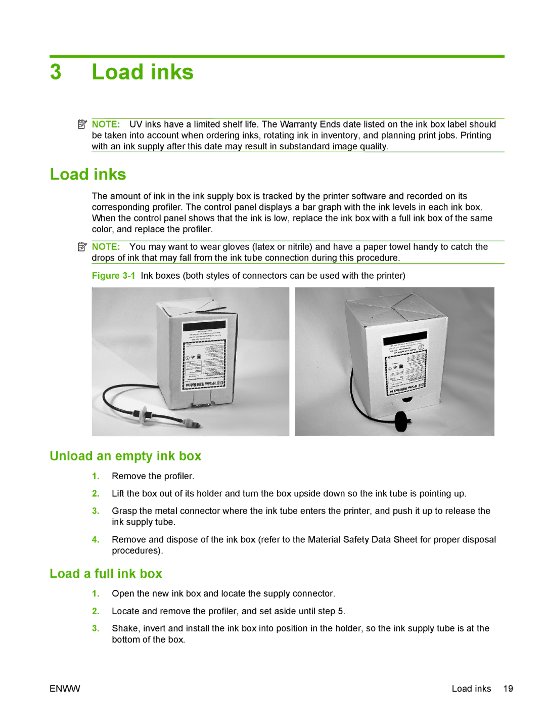 HP Scitex FB700 Industrial manual Load inks, Unload an empty ink box, Load a full ink box 