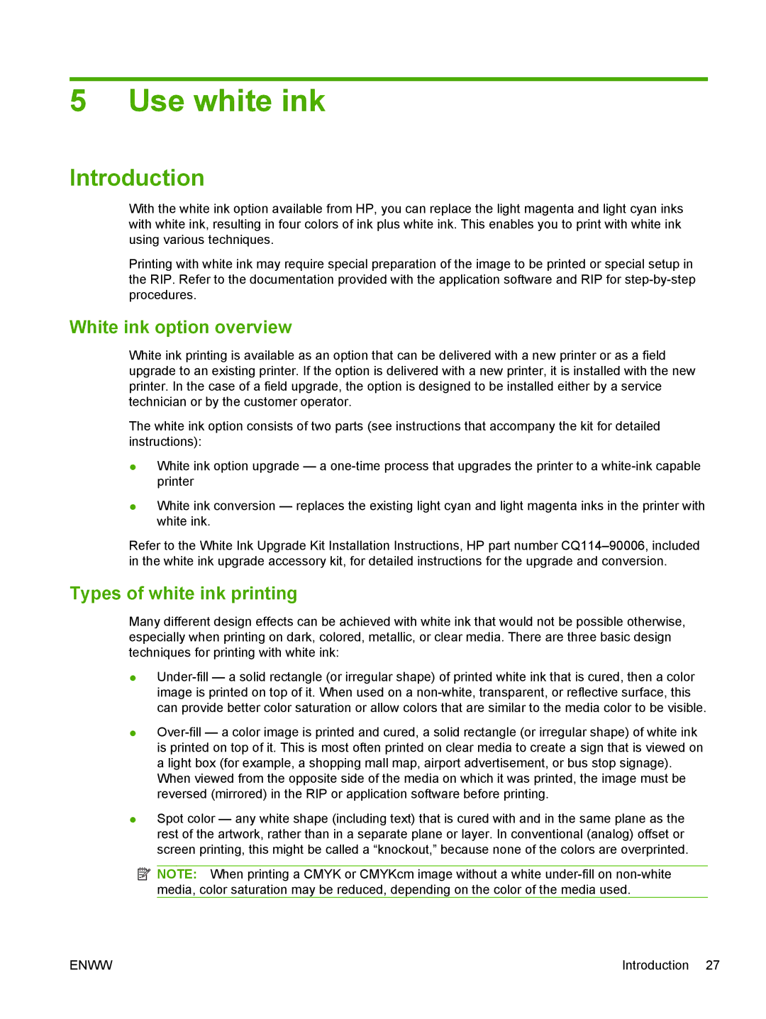 HP Scitex FB700 Industrial manual Use white ink, Introduction, White ink option overview, Types of white ink printing 