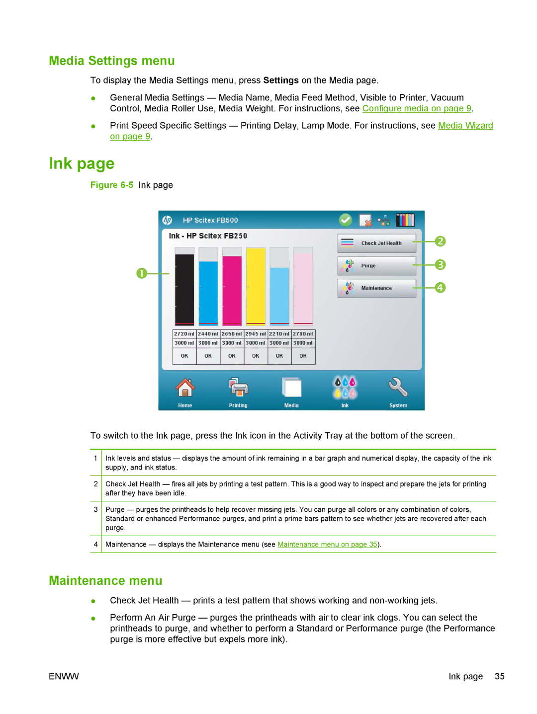 HP Scitex FB700 Industrial manual Ink, Media Settings menu, Maintenance menu 