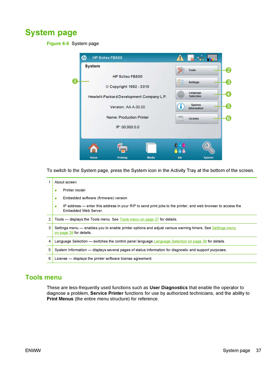 HP Scitex FB700 Industrial manual System, Tools menu 