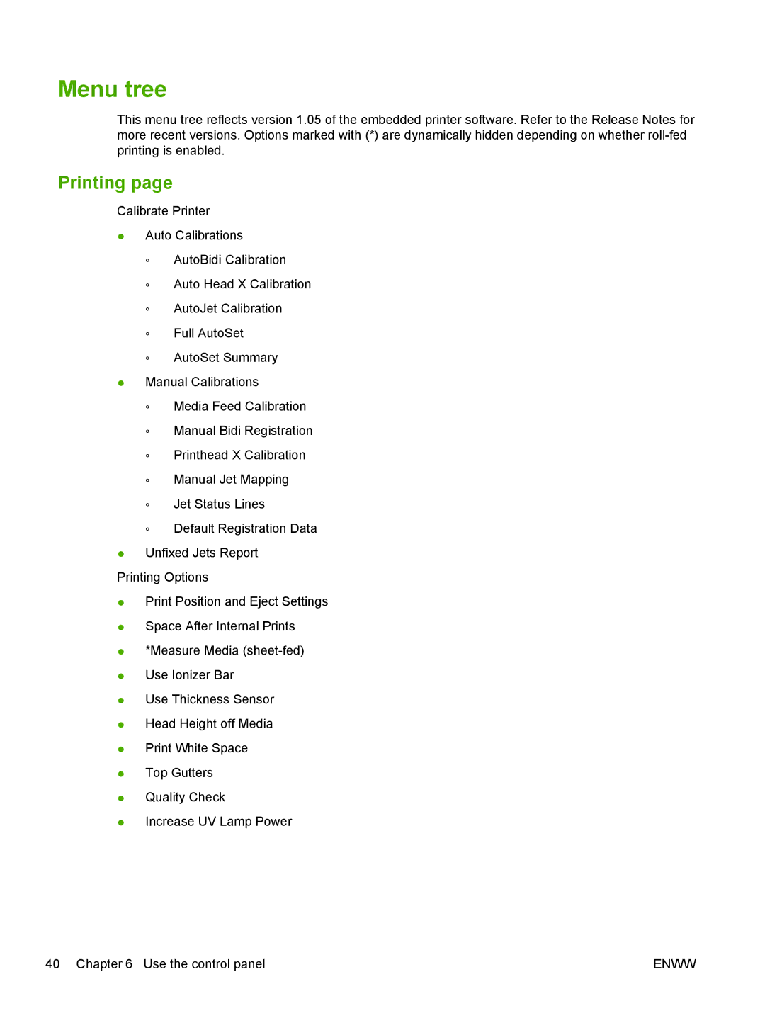 HP Scitex FB700 Industrial manual Menu tree, Printing 