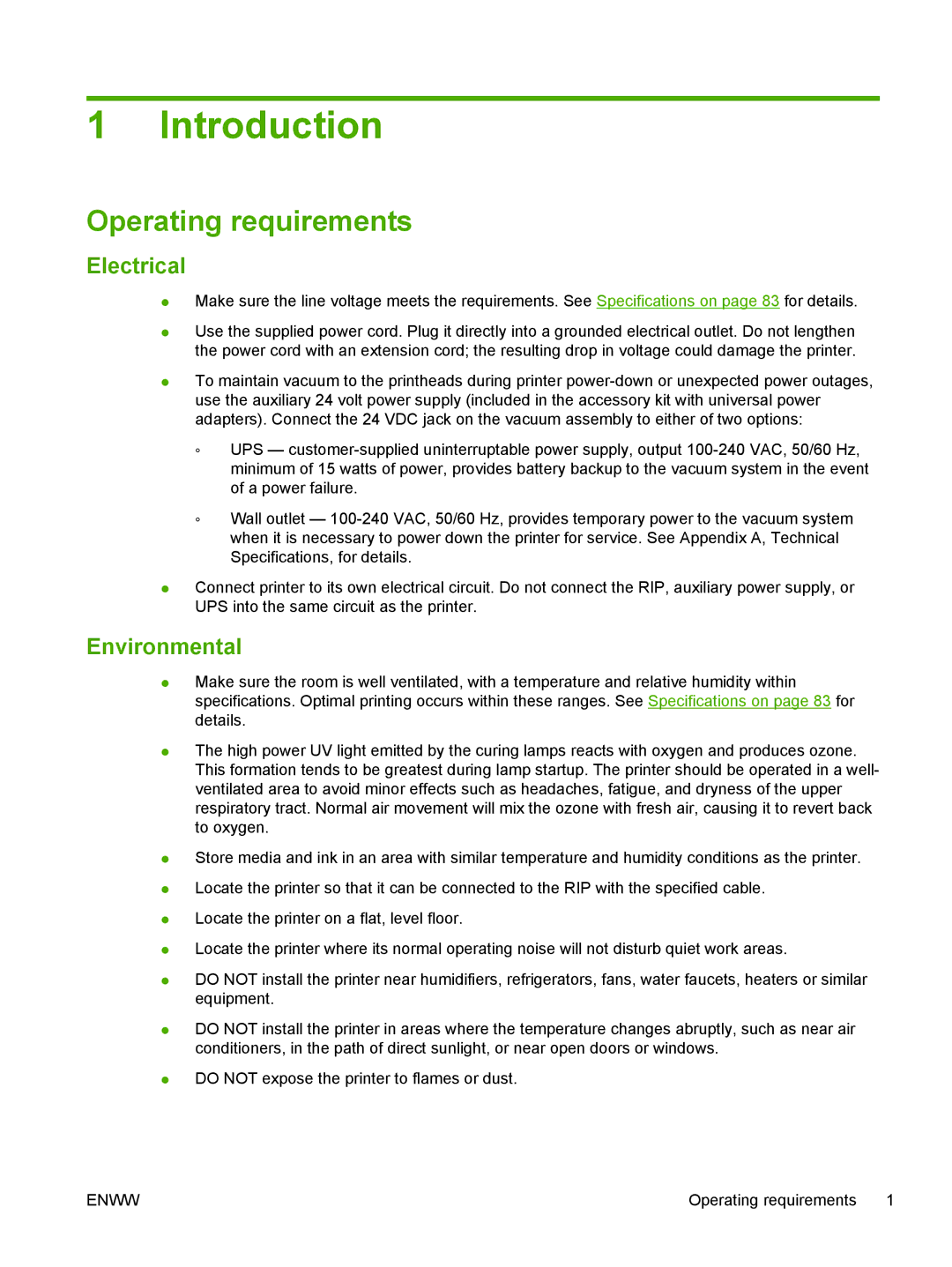 HP Scitex FB700 Industrial manual Introduction, Operating requirements, Electrical, Environmental 