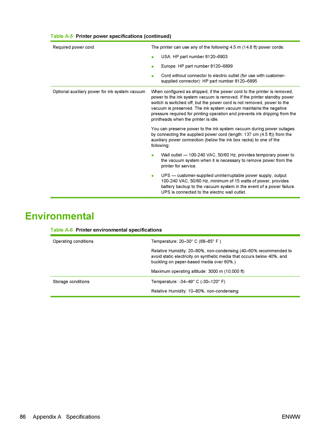 HP Scitex FB700 Industrial manual Environmental, Table A-6Printer environmental specifications 