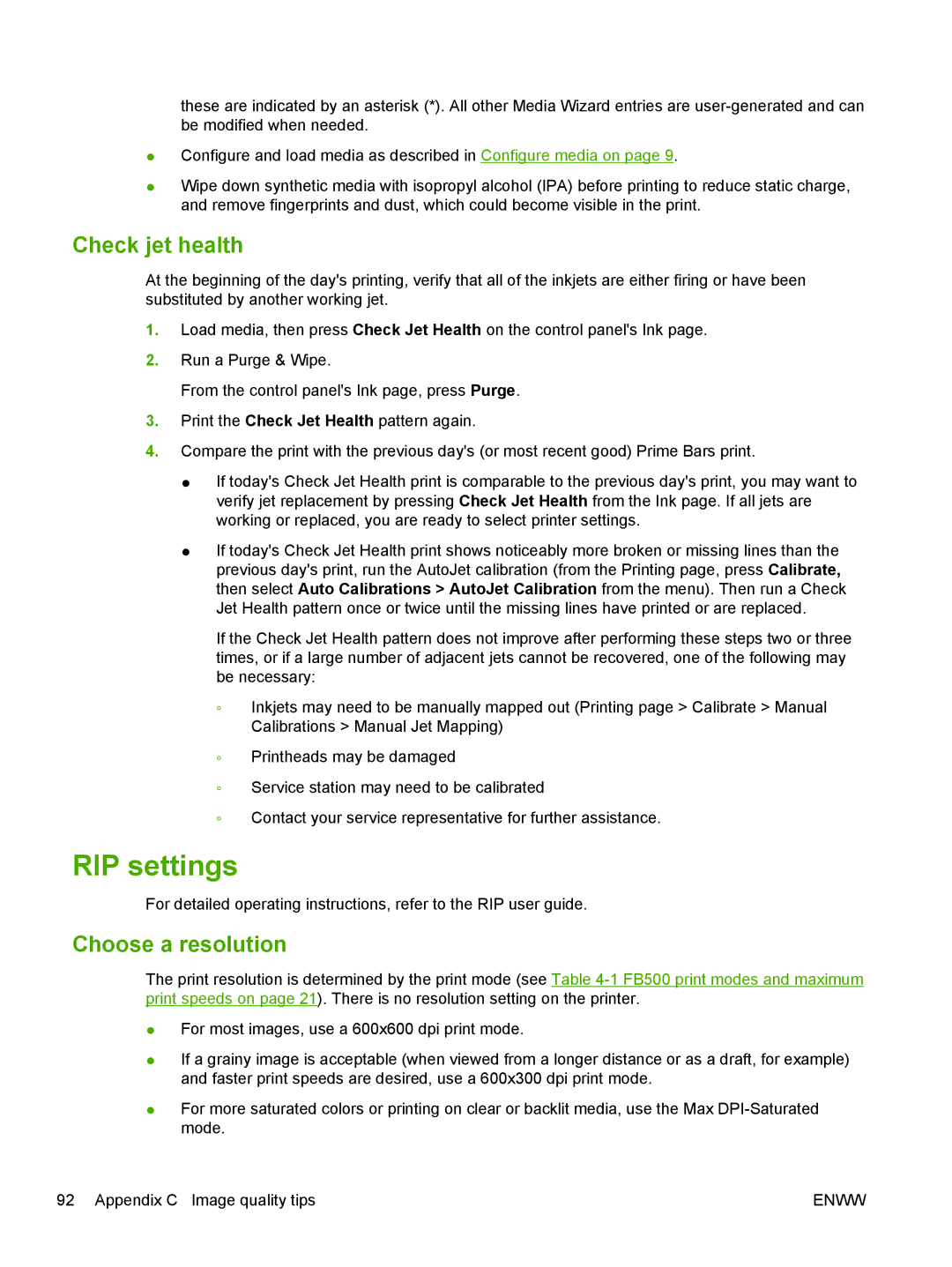 HP Scitex FB700 Industrial manual RIP settings, Check jet health, Choose a resolution 