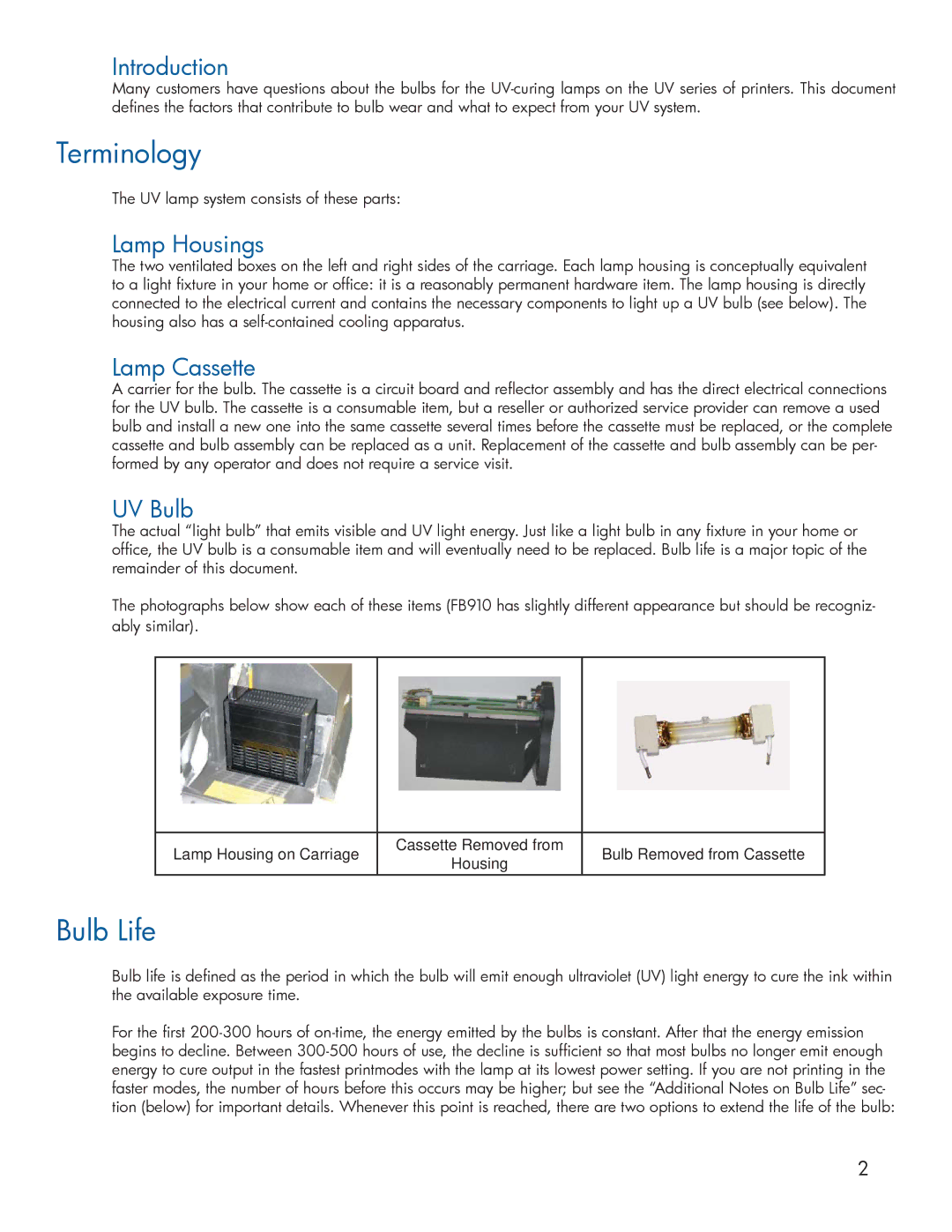 HP Scitex FB910 manual Terminology, Bulb Life 