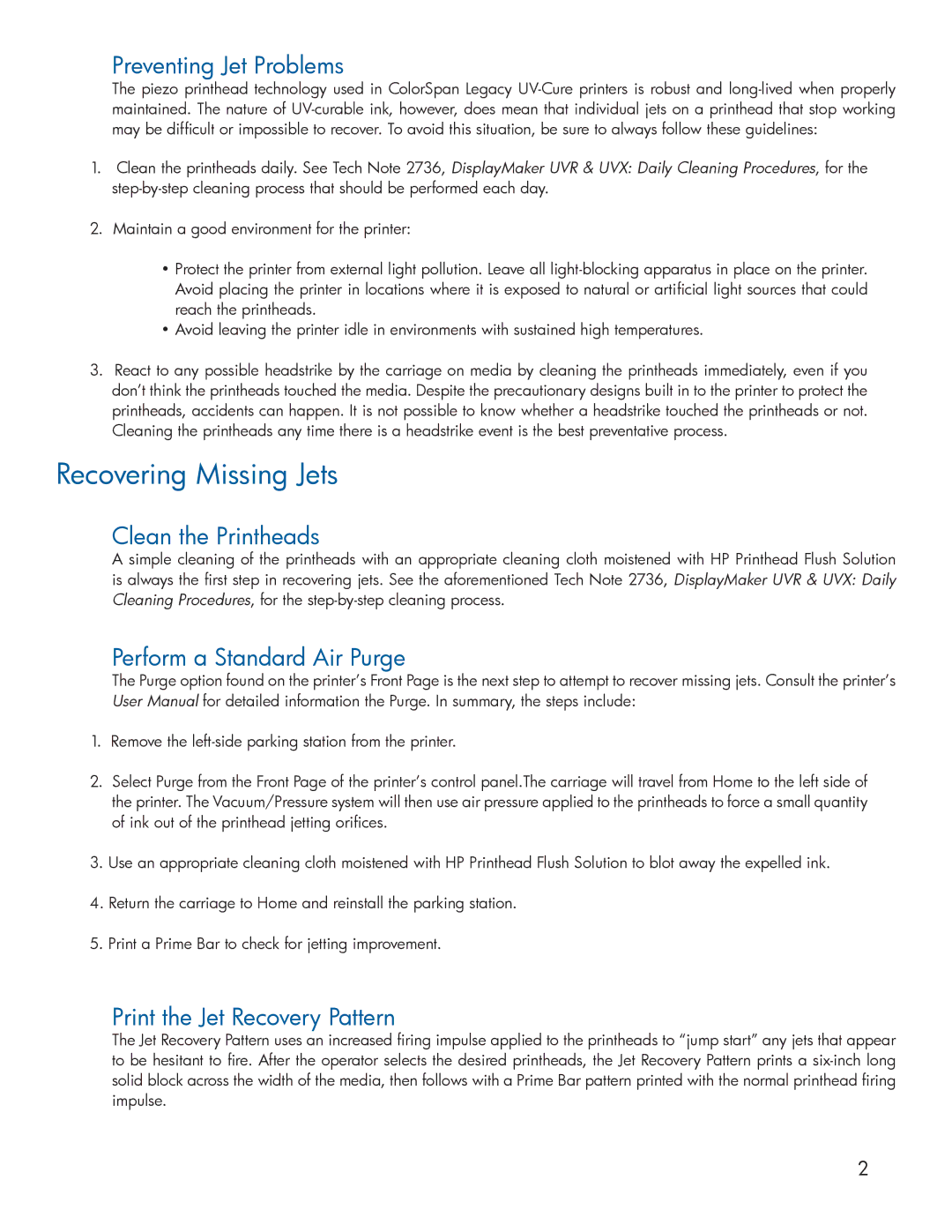 HP Scitex FB910 manual Preventing Jet Problems, Clean the Printheads, Perform a Standard Air Purge 